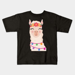 Floral Crown Llama Red and orange Flowers Kids T-Shirt